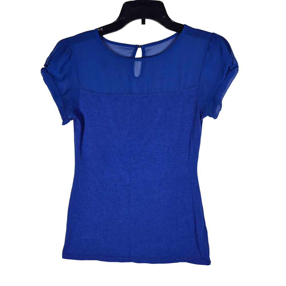 Express Blue Knit and Sheer Puff Sleeve Blouse Womens size XS